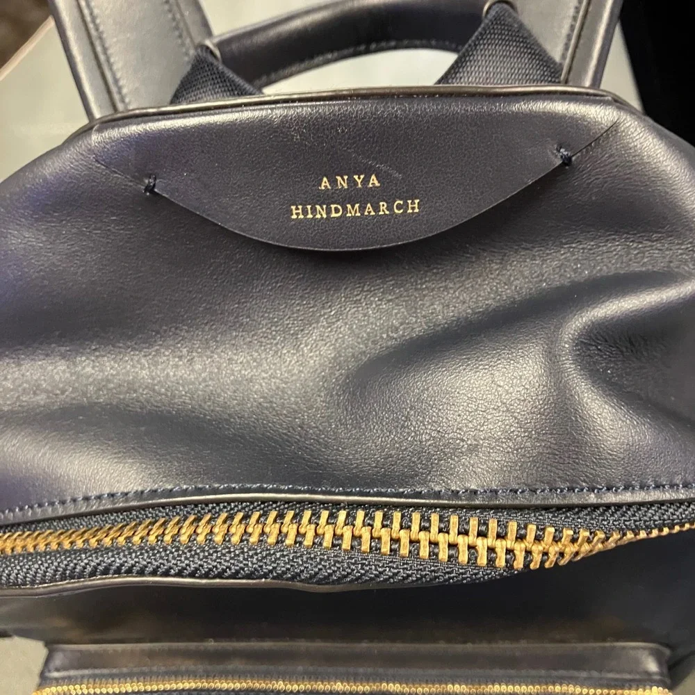 Anya Hindmarch Wink Smiley Face Navy Blue Leather Backpack Gold Hardware